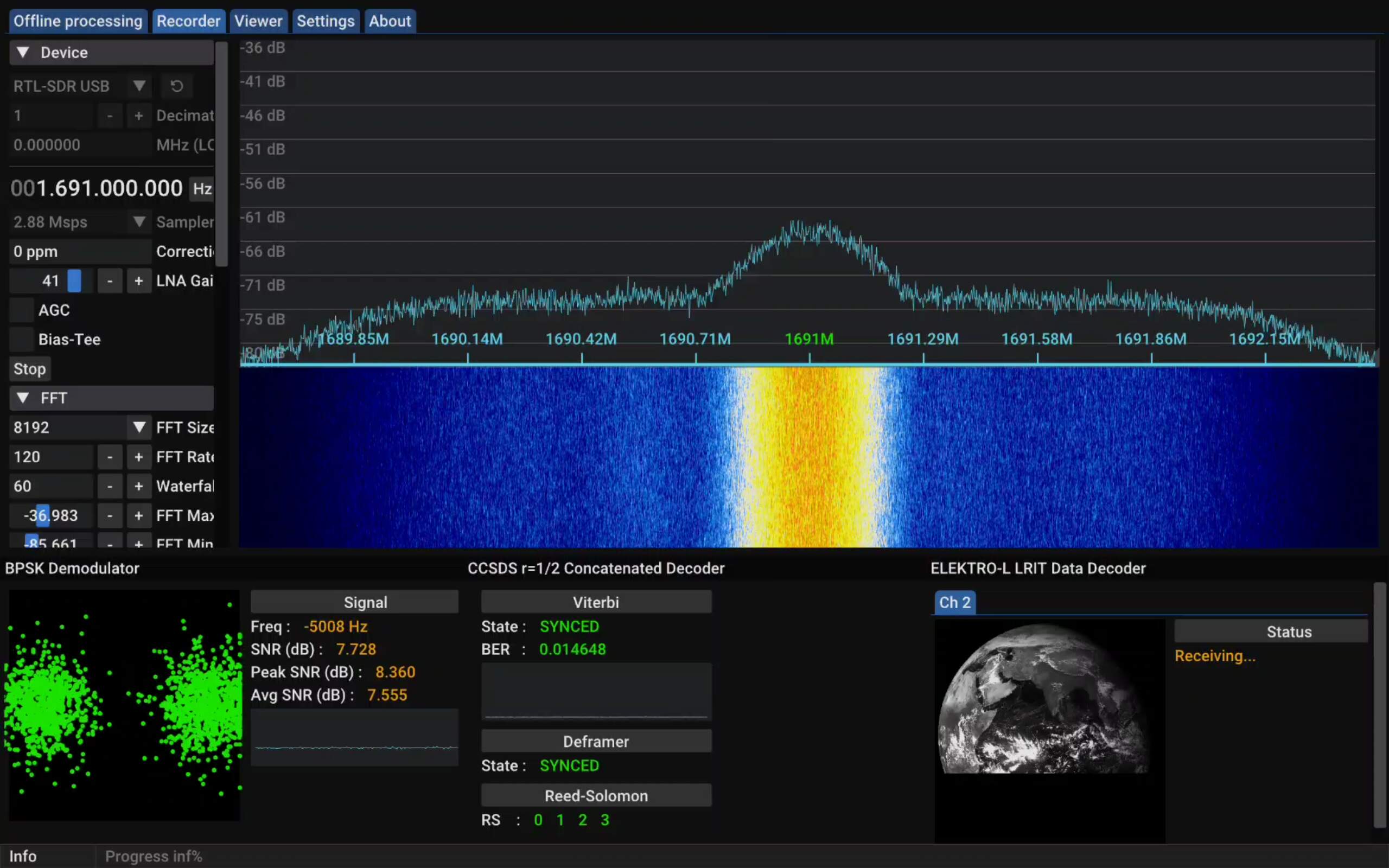 A screenshot of SatDump taken while receiving Elektro-L LRIT