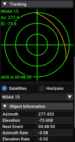 A screenshot of SatDump's tracking tab