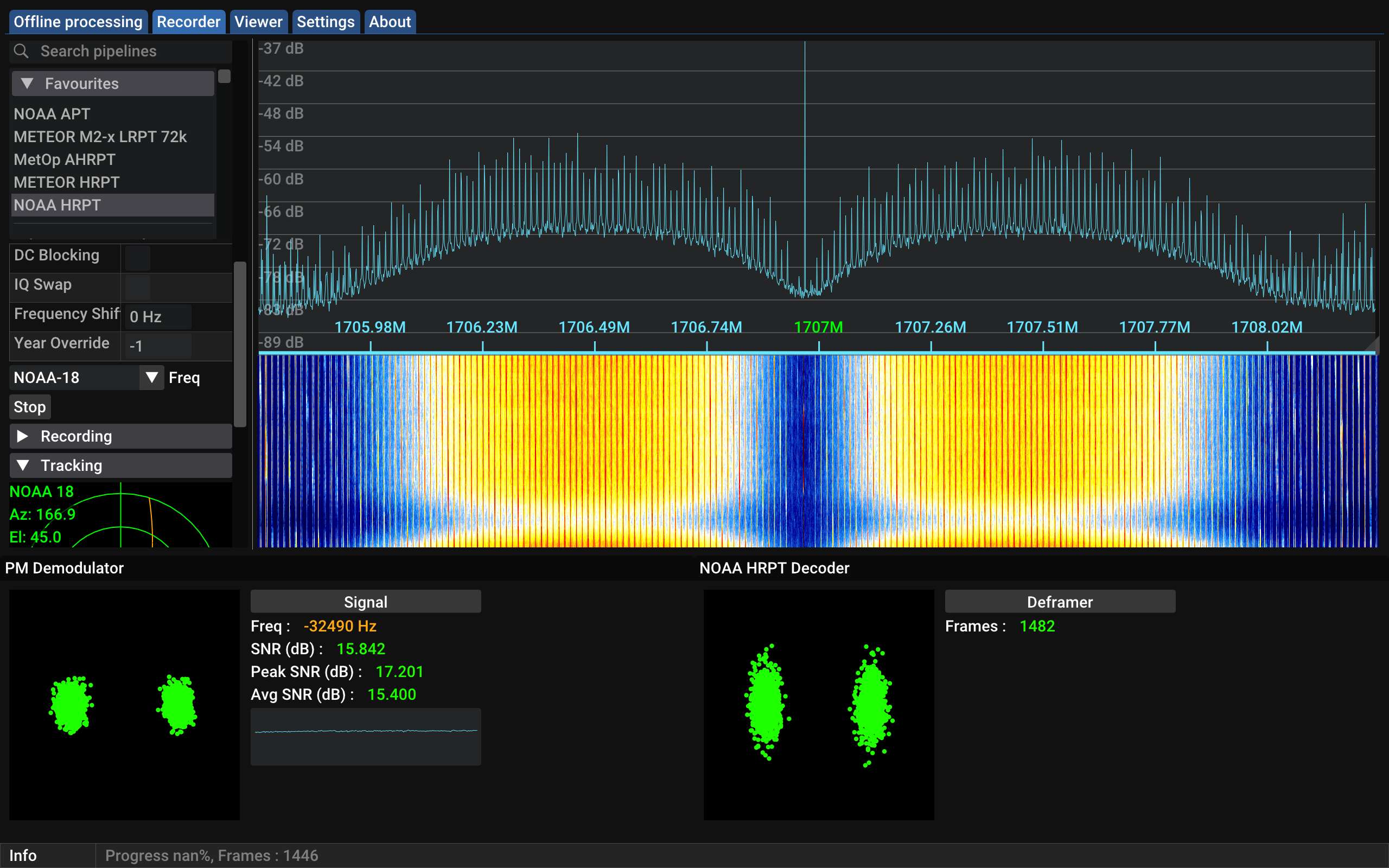 SatDump screenshot showing a very strong NOAA HRPT broadcast