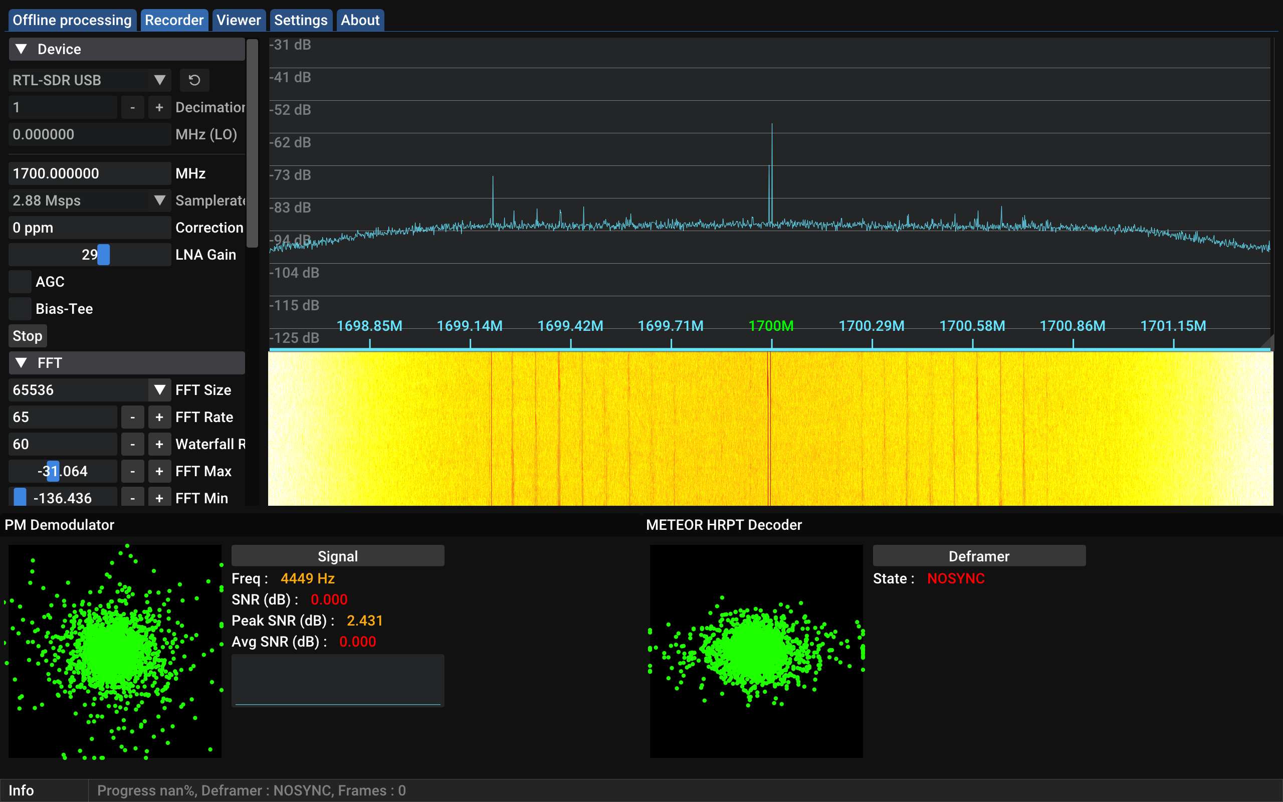 Disappointing SatDump screenshot showing barely a hint of a signal