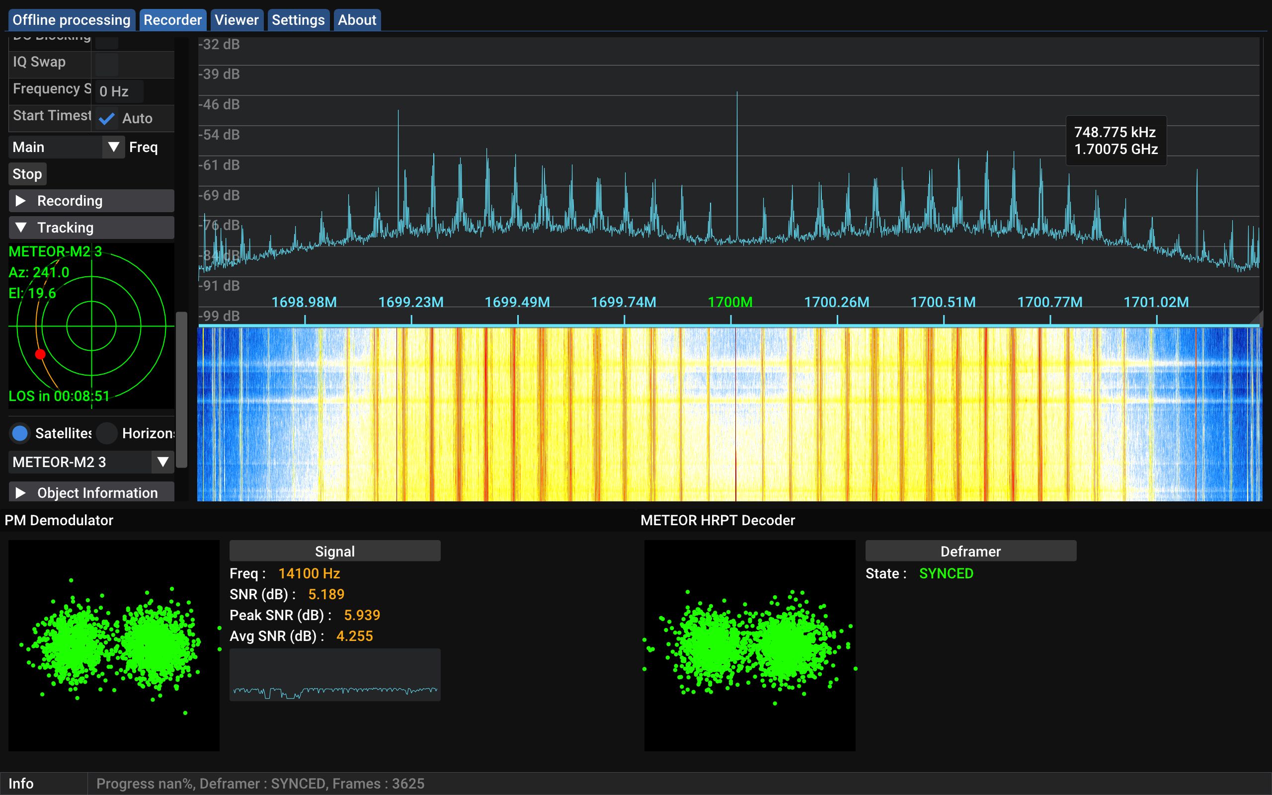 SatDump image showing a relatively weak Meteor-M HRPT broadcast