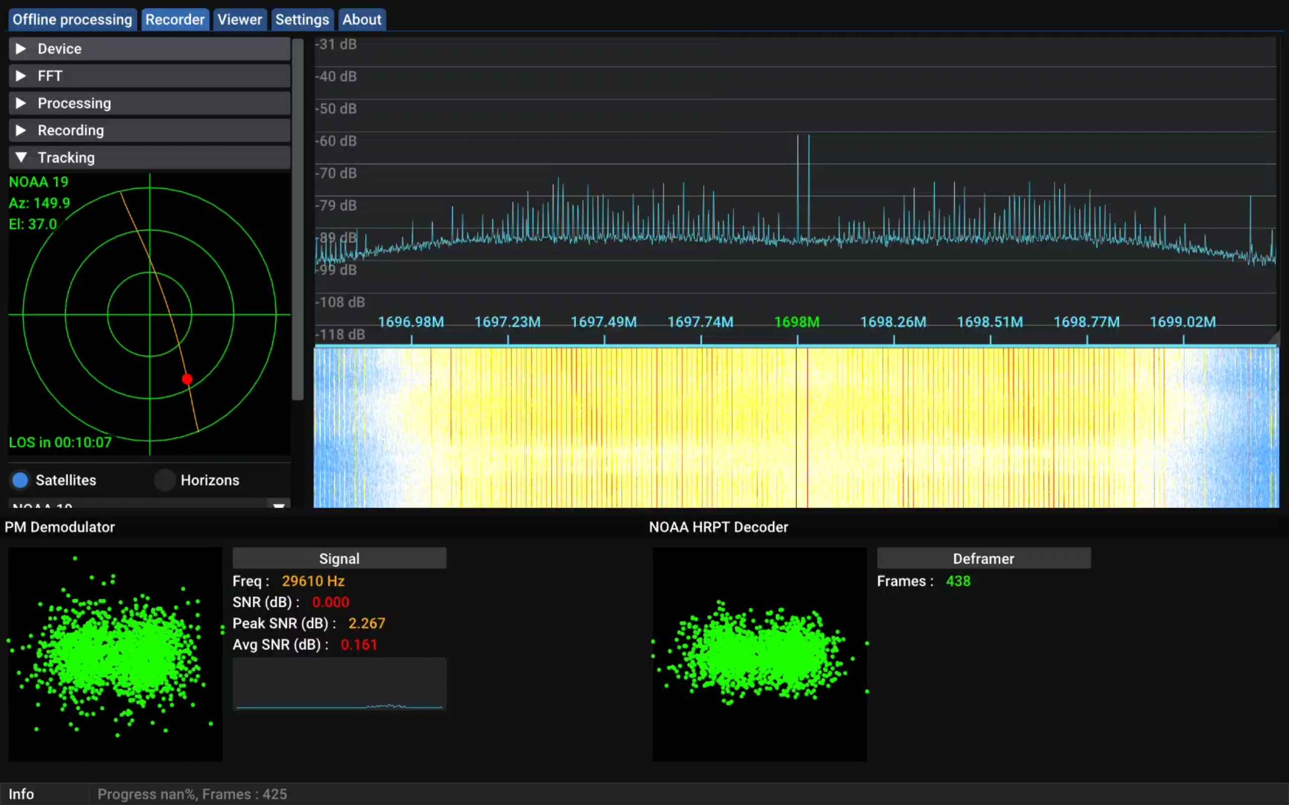 A newer SatDump screenshot, now showing a much stronger albeit still useless HRPT signal